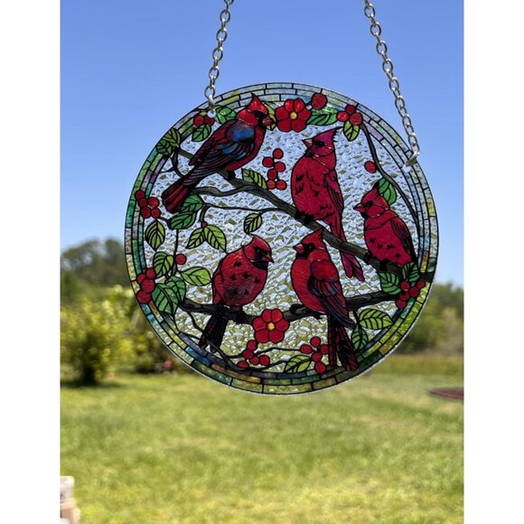 Cardinal Bird Stained Glass Hanging Sun Catcher - Picture 3 of 5